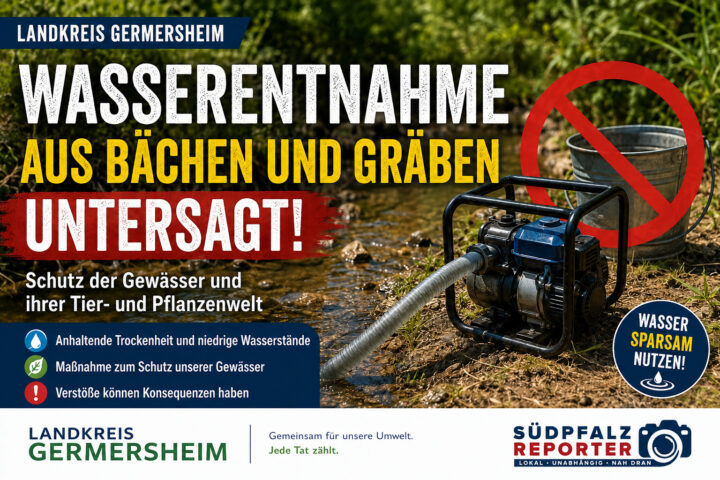 Wasserentnahme aus Bächen und Gräben im Landkreis Germersheim verboten – Niedrigwasser zwingt Behörden zum Handeln
