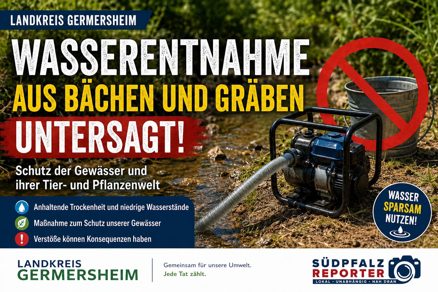 Wasserentnahme aus Bächen und Gräben im Landkreis Germersheim verboten – Niedrigwasser zwingt Behörden zum Handeln