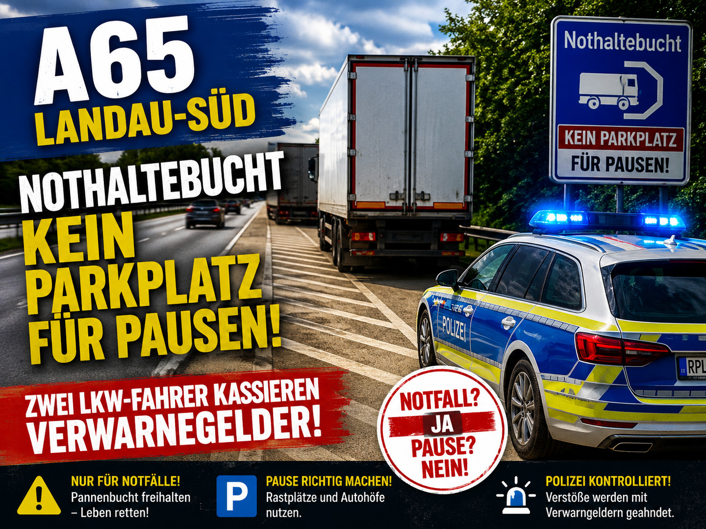 A65 bei Landau-Süd: Zwei Lkw-Fahrer parken für Ruhepause in Nothaltebucht