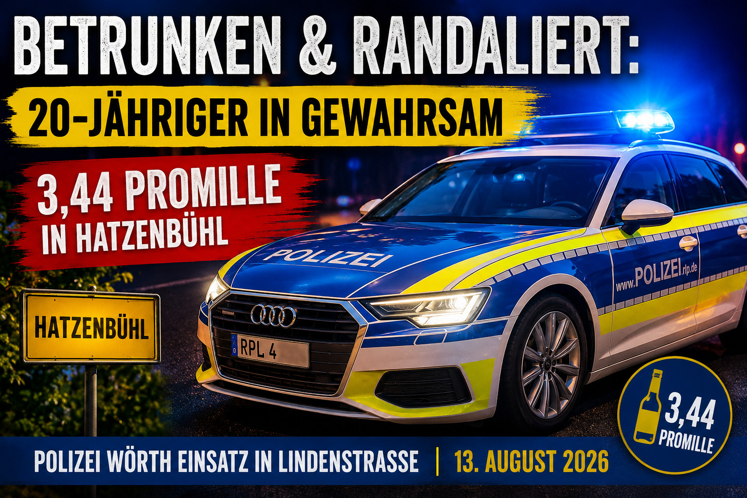 Hatzenbühl: 20-Jähriger mit 3,44 Promille in Schutzgewahrsam