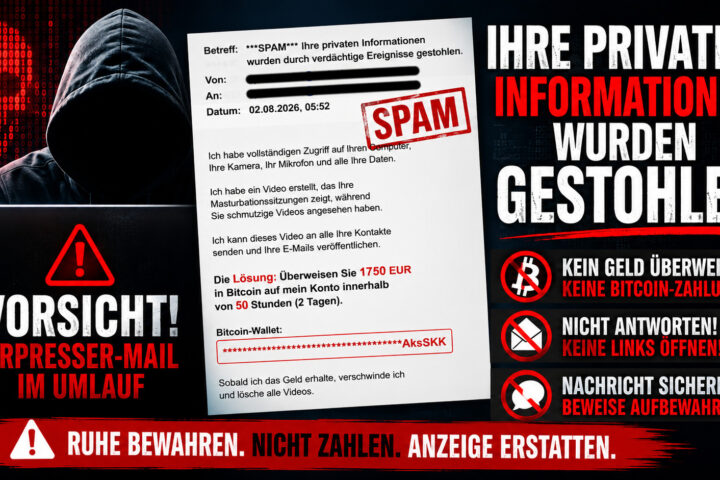 Erpresser drohen per E-Mail mit angeblichen Sex-Videos und fordern 1.750 Euro in Bitcoin. Südpfalzreporter warnt: Nicht bezahlen!