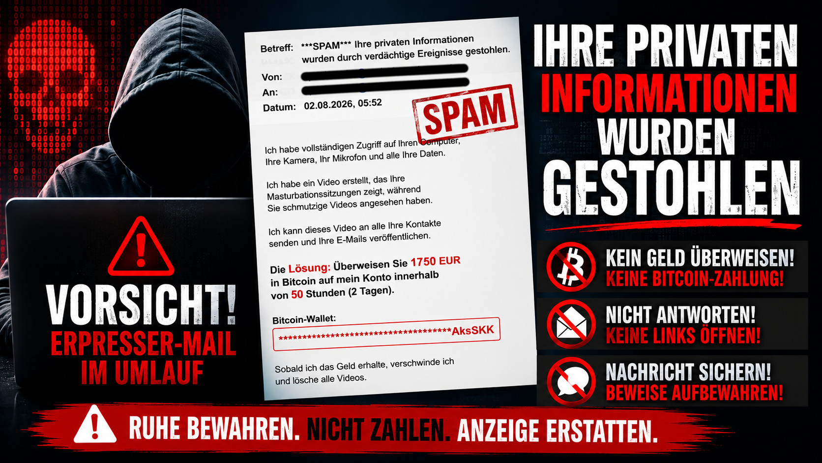 Erpresser drohen per E-Mail mit angeblichen Sex-Videos und fordern 1.750 Euro in Bitcoin. Südpfalzreporter warnt: Nicht bezahlen!