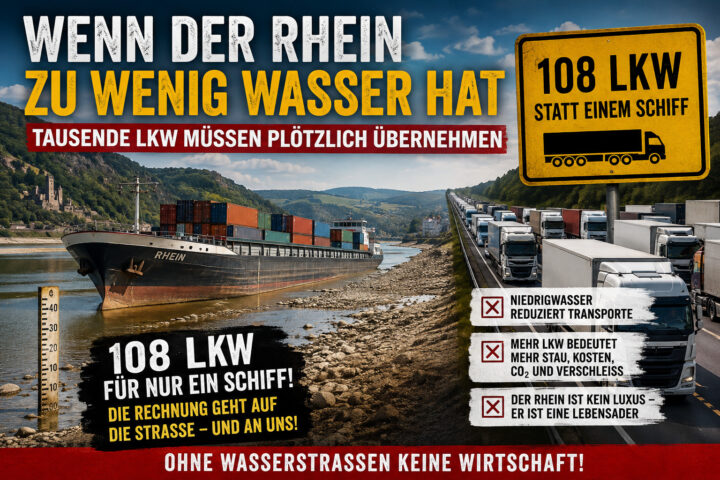 Niedrigwasser am Rhein: Wie viele Lkw müssen die Binnenschifffahrt ersetzen?