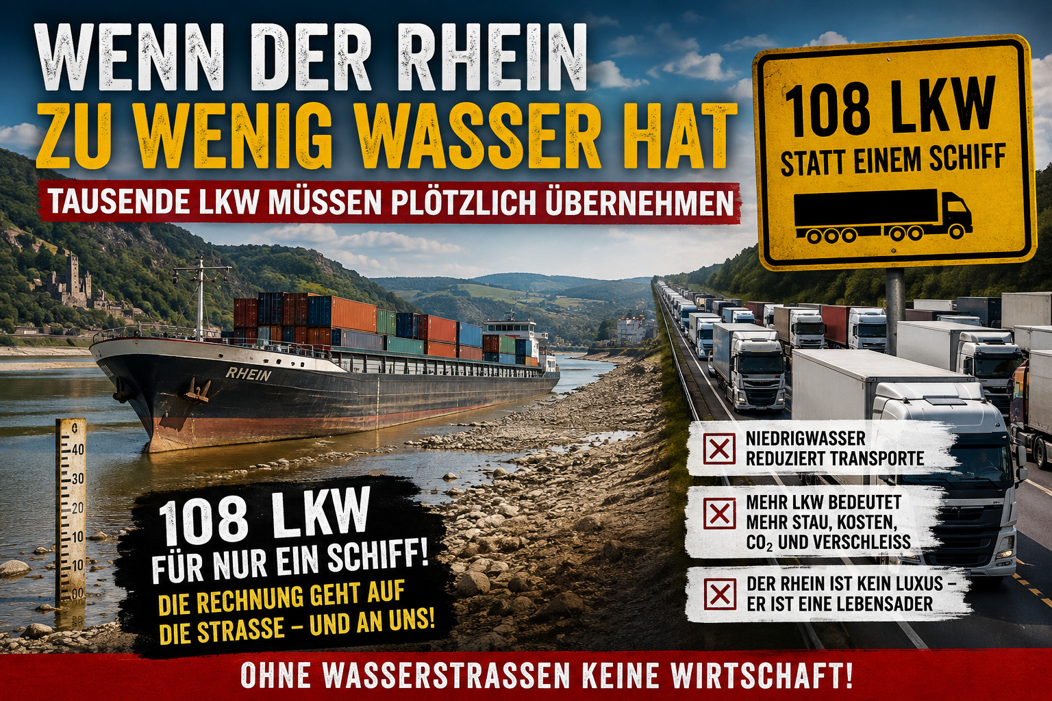 Niedrigwasser am Rhein: Wie viele Lkw müssen die Binnenschifffahrt ersetzen?