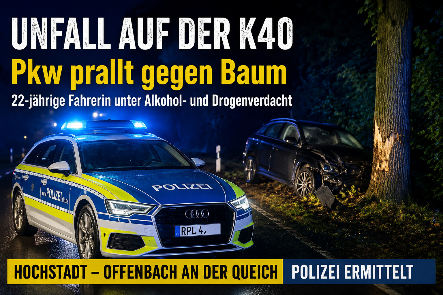 Offenbach: 22-Jährige nach "Unfallflucht" auf K40 unter Alkohol- und Drogenverdacht