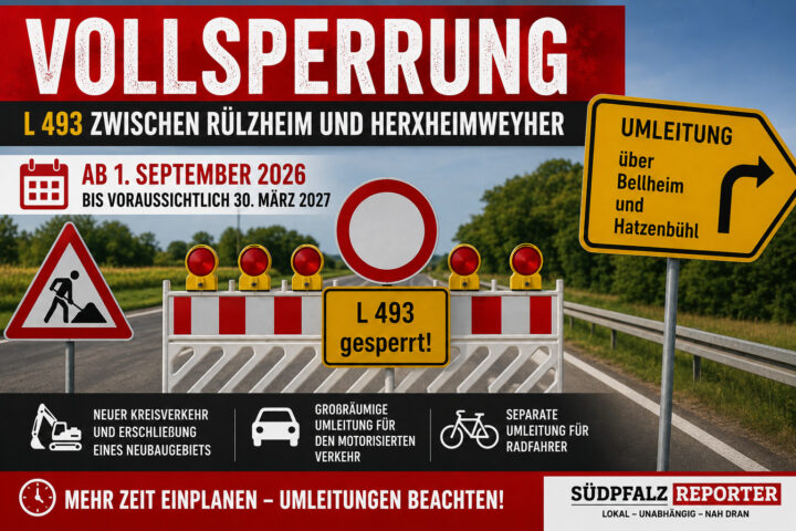 Vollsperrung L 493 zwischen Rülzheim und Herxheimweyher ab 1. September 2026