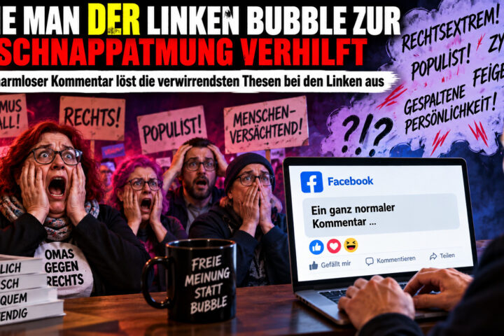 Zugespitzte Darstellung einer politischen Facebook-Diskussion mit empörten Reaktionen und persönlichen Angriffen